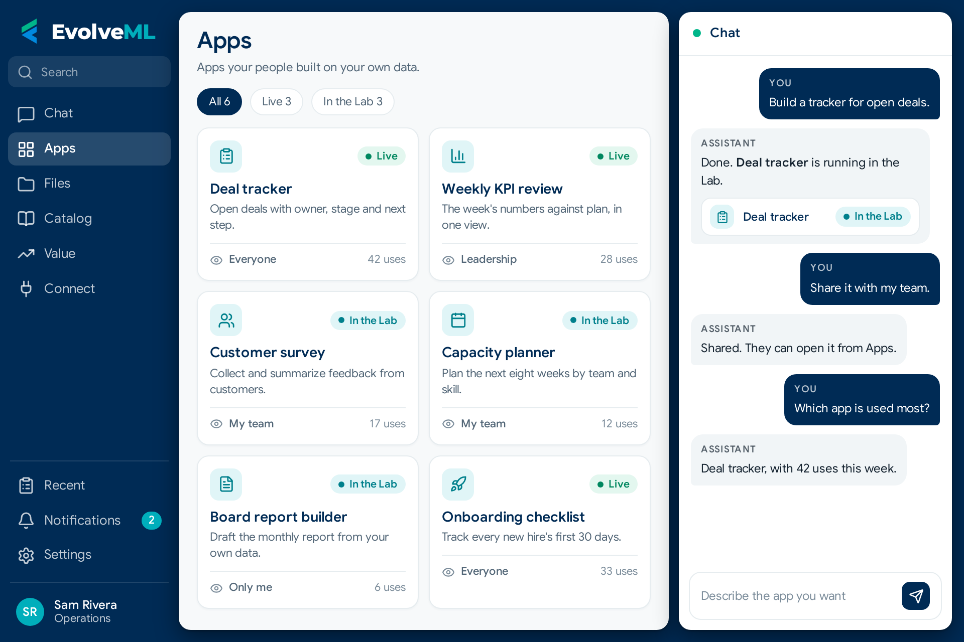 The platform: a left menu with Chat, Apps, Files, Catalog, Value and Connect; an Apps page with six sample apps, some Live and some in the Lab; and a chat where a builder asks for a deal tracker.
